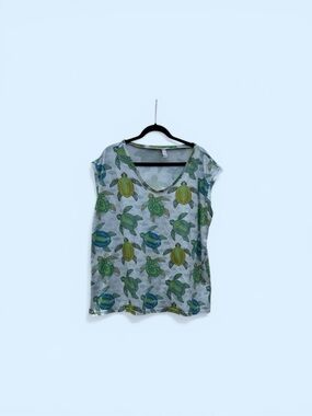 Nora Cora Sea Turtle Print White Short Sleeve Tee Top XL